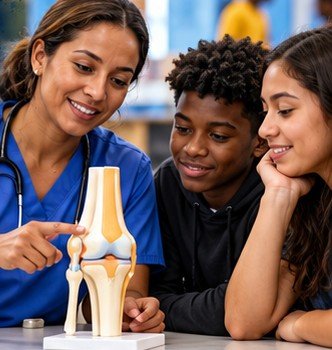 A healthcare professional explains a knee joint model to two interested teens