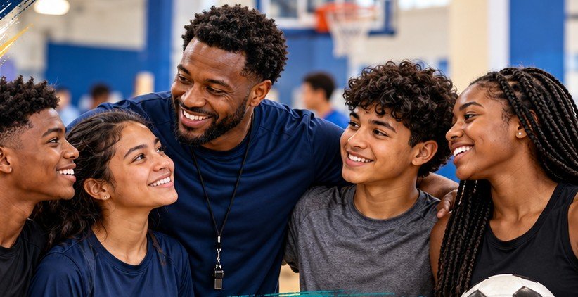 A smiling youth coach stands with a group of teens holding a basketball and soccer ball in a gym